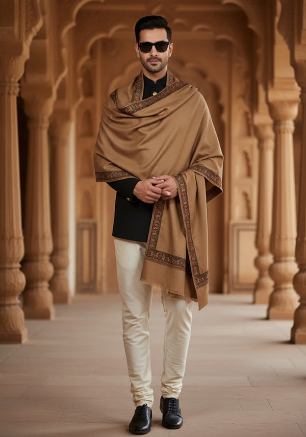 Woolen Mens Shawl in Warm Mocha Brown with Heritage-Inspired Embroidered Border (80 x 40 Inches)