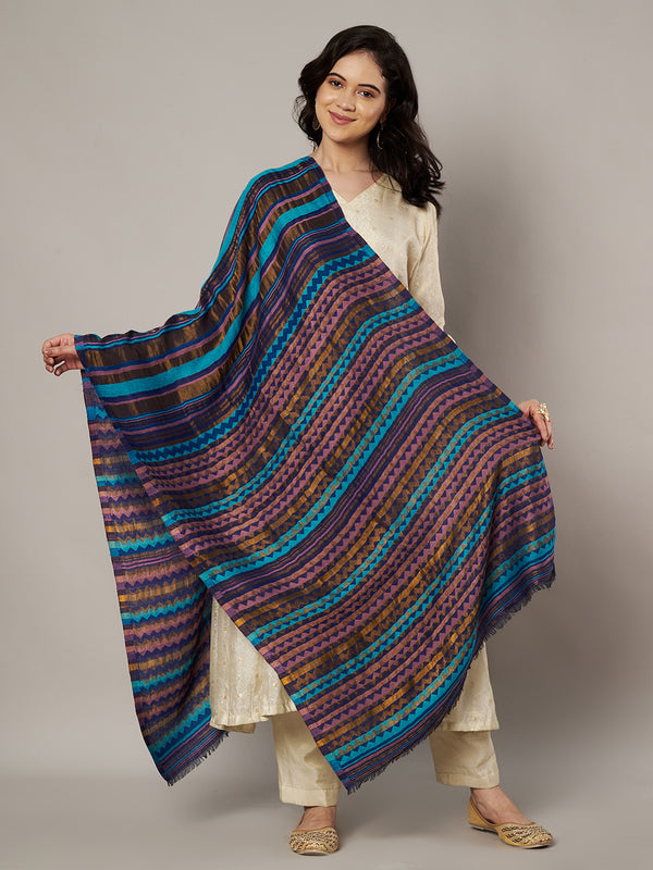 Woolen Zig-Zag Moonlight Zari Women Stole | Traditional Winter Wrap (80 x 28 Inches)