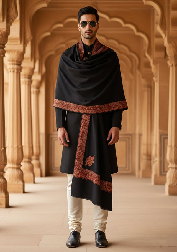 Elegant Black Woolen Mens Shawl with Embroidered Border – Ethnic Wrap (80 x 40 Inches)