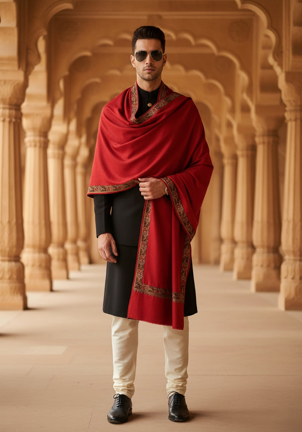 Classic Woolen Mens Shawl with Embroidered Border in Rich Maroon (80 x 40 Inches)