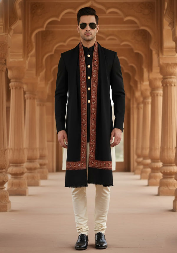 Woolen Mens Shawl in Warm Black with Heritage-Inspired Embroidered Border (80 x 40 Inches)