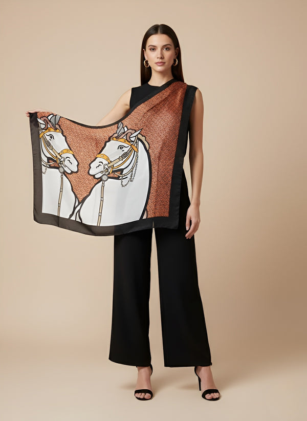 Printed Silk Women Stole with Artistic Motif Design | Elegant Lightweight Wrap (80 × 28 Inches)