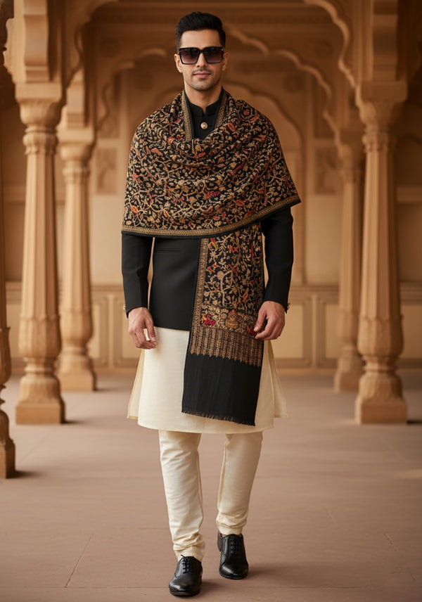 Woolen Mens Shawl with Traditional Bird & Floral Jaal Motifs and Ornate Woven Border (80 x 40 Inches)