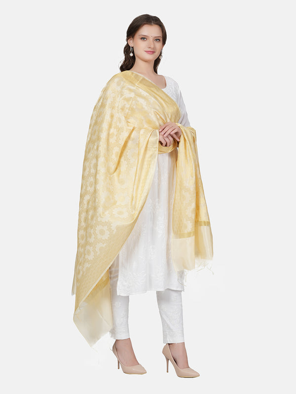 Ivory Gold Banarasi Silk Dupatta with Elegant Woven Floral Jaal (Size: 2.5x1 m Approx)