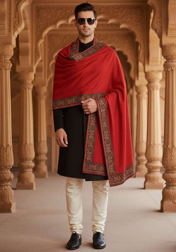 Woolen Mens Shawl in Warm Red with Heritage-Inspired Embroidered Border (80 x 40 Inches)