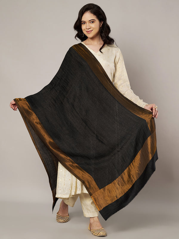Reversible Wool Black Women Stole with Moonlight Zari Border | Elegant Winter Wrap | 80 × 28 Inches