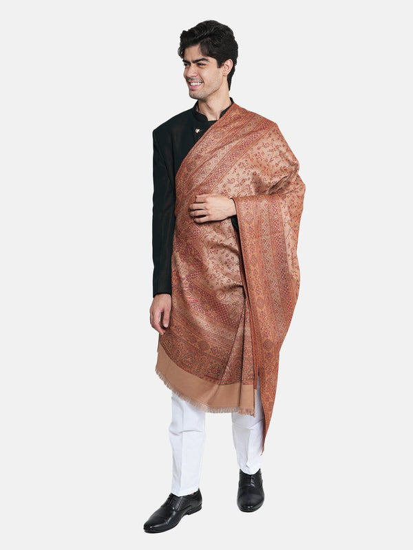 Brown Jamawar Wool Blend Mens Shawl with Intricate Paisley Weave – 80×40 Inches
