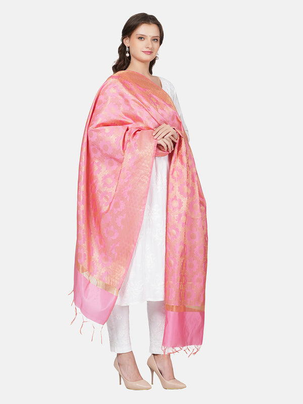 Pink Banarasi Silk Dupatta with Elegant Woven Floral Jaal (Size: 2.5x1 m Approx)