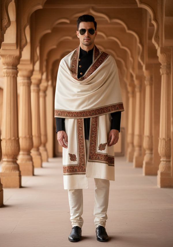 Ivory Woolen Mens Shawl with Intricate Embroidered Detailing – Heritage Wrap (80 x 40 Inches)