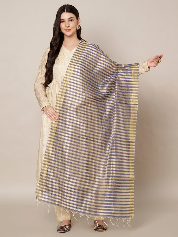 Blue & Ivory Striped Cotton Silk Dupatta with Tassel Finish (Size: 2.5x1 m Approx)