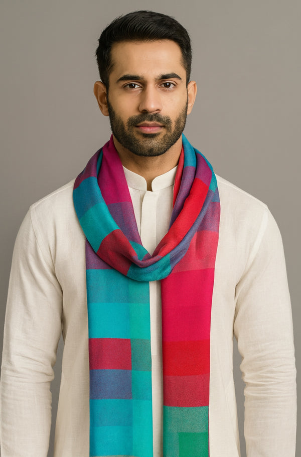 Bamboo Silk Mens Stole with Modern Checkered Pattern | Lightweight & Elegant | 80×28 Inches