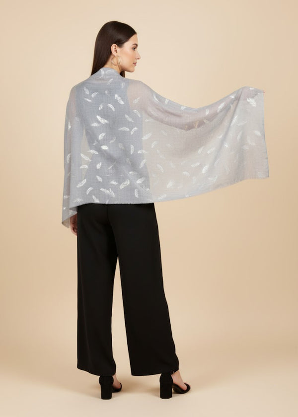 Micro Wool Grey Feather Motif Women Stole | Soft Wrap with Subtle Woven Accents (80 × 28 Inches)