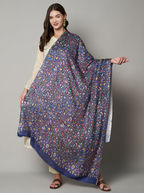 Printed Bamboo Silk Women Shawl – Blue Floral Statement Wrap (80 x 40 Inches)