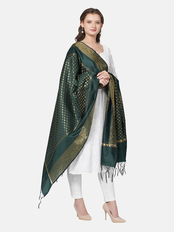 Bottle Green Banarasi Silk Dupatta with Woven Gold Zari Butti & Ornate Border (Size: 2.5x1 m Approx)