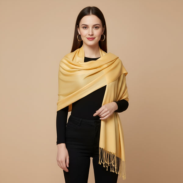 Solid Viscose Golden Women Stole with Soft Drape & Fringed Finish | Lightweight Everyday Wrap (80 × 28 Inches)