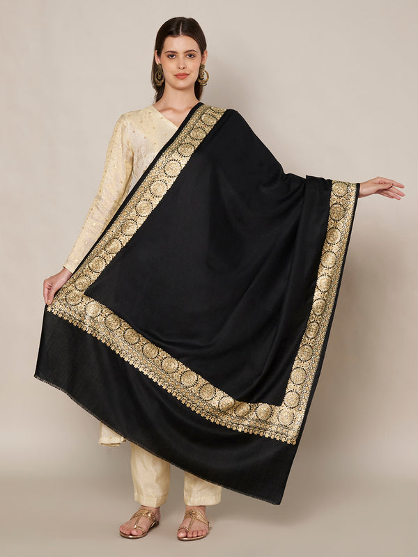 Black Woolen Women Shawl with Gold Border – 80x40 Inches