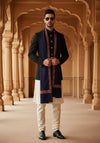 Classic Woolen Mens Shawl with Embroidered Border in Rich Blue (80 x 40 Inches)