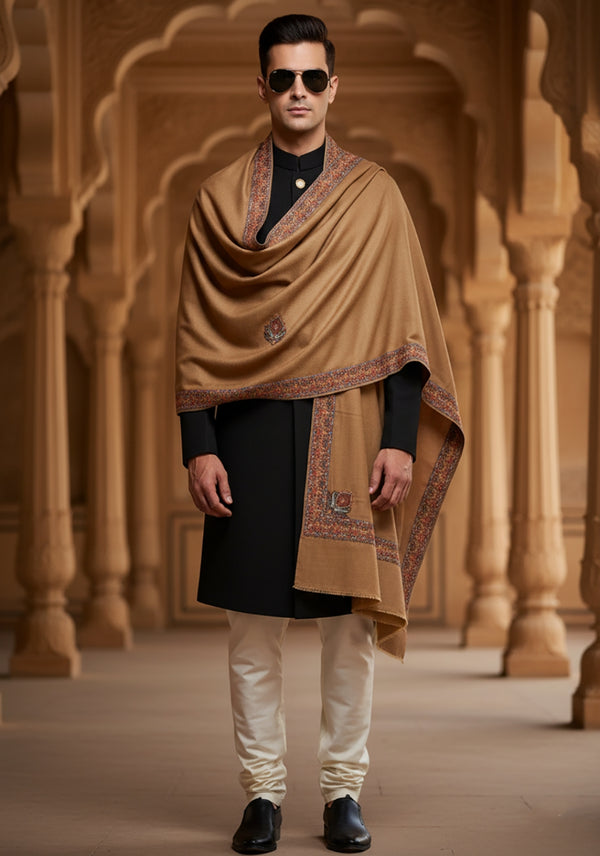 Woolen Mens Shawl in Brown with Multicolour Kashmiri-Inspired Embroidered Border (80 x 40 Inches)