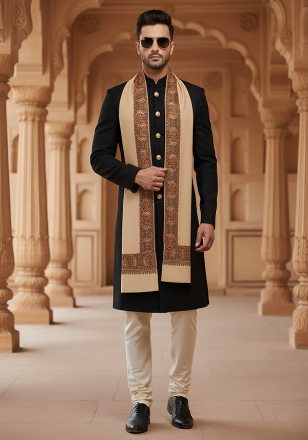Woolen Mens Shawl in Warm Beige with Heritage-Inspired Embroidered Border (80 x 40 Inches)