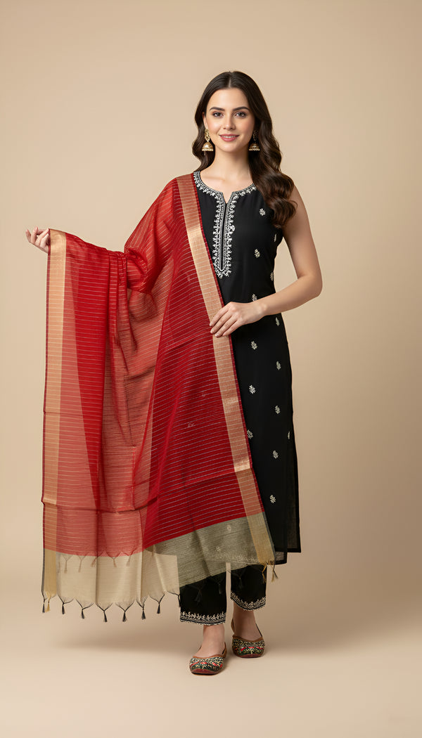 Striped Silk Dupatta with Zari Border | Elegant Ethnic Drape (2.5 Metres Approx.)