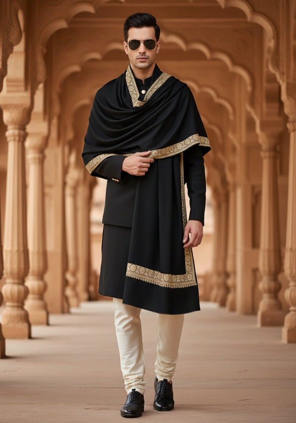 Black Woolen Mens Shawl with Gold Border – 80x40 Inches