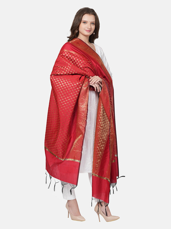Deep Red Banarasi Silk Dupatta with Woven Gold Zari Butti & Ornate Border (Size: 2.5x1 m Approx)