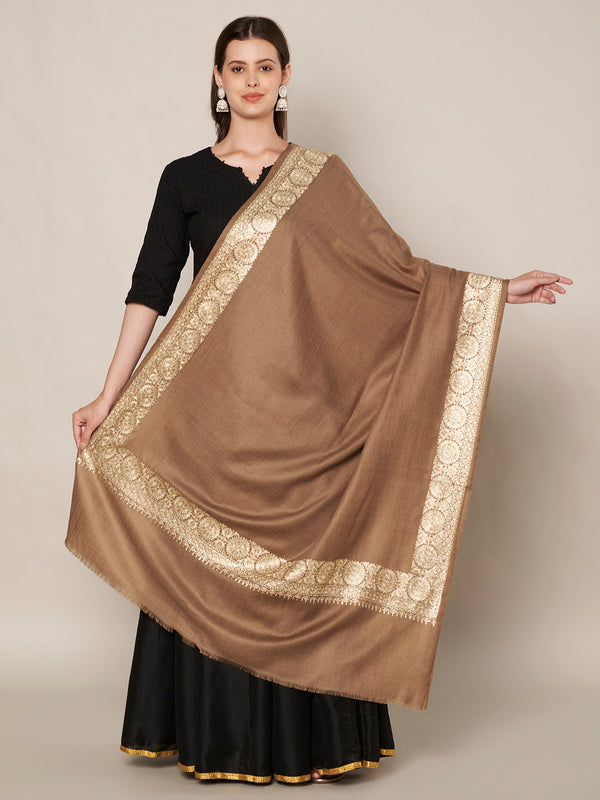 Brown Woolen Women Shawl with Gold Border – 80x40 Inches