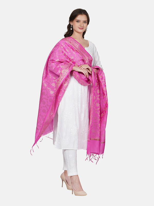 Pink Banarasi Silk Dupatta with All-Over Woven Floral Motifs & Rich Zari Border (Size: 2.5x1 m Approx)