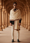 Elegant White Woolen Mens Shawl with Embroidered Border – Ethnic Wrap (80 x 40 Inches)