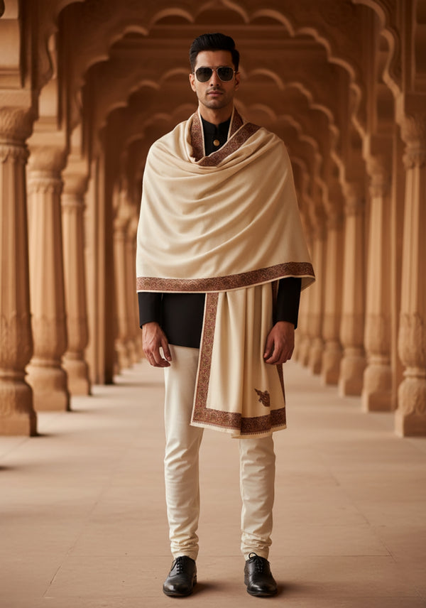Elegant White Woolen Mens Shawl with Embroidered Border – Ethnic Wrap (80 x 40 Inches)