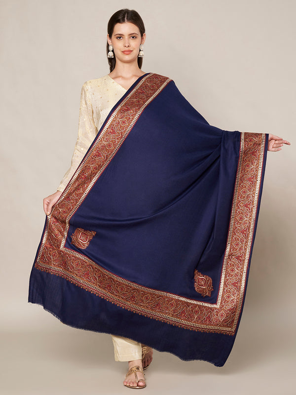 Blue Woolen Women Shawl with Intricate Embroidered Detailing – Winter Wrap (80 x 40 Inches)