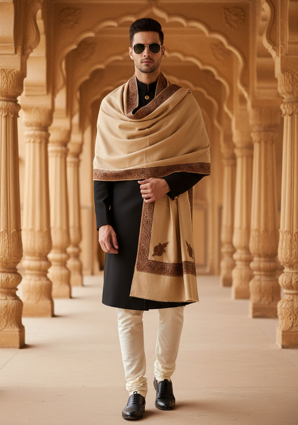 Elegant Light Brown Woolen Mens Shawl with Embroidered Border – Ethnic Wrap (80 x 40 Inches)