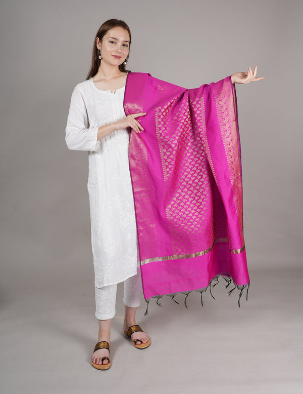 Pink Banarasi Silk Dupatta with Gold Zari Buti & Ornate Border (Size: 2.5x1 m Approx)