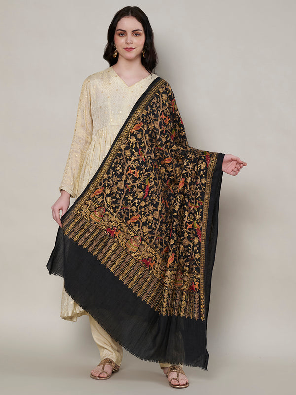 Woolen Women Shawl with Traditional Bird & Floral Jaal Motifs and Ornate Woven Border (80 x 40 Inches)