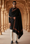 Classic Woolen Mens Shawl with Embroidered Border in Rich Black (80 x 40 Inches)