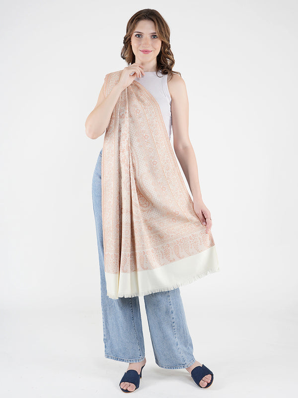 White Jamawar Wool Blend Women Shawl with Intricate Paisley Weave – 80×40 Inches