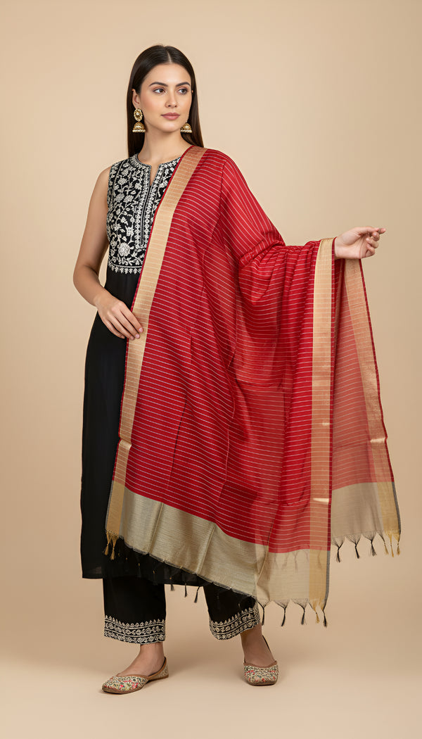 Red Striped Silk Dupatta with Zari Border | Elegant Ethnic Drape (2.5 Metres Approx.)