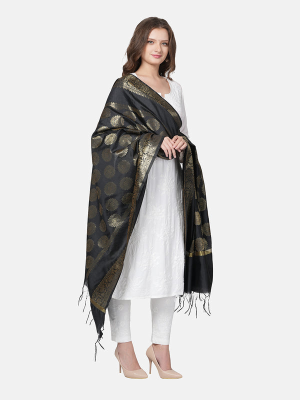 Black Banarasi Silk Dupatta with Woven Butti Motifs & Zari Border (Size: 2.5x1 m Approx)