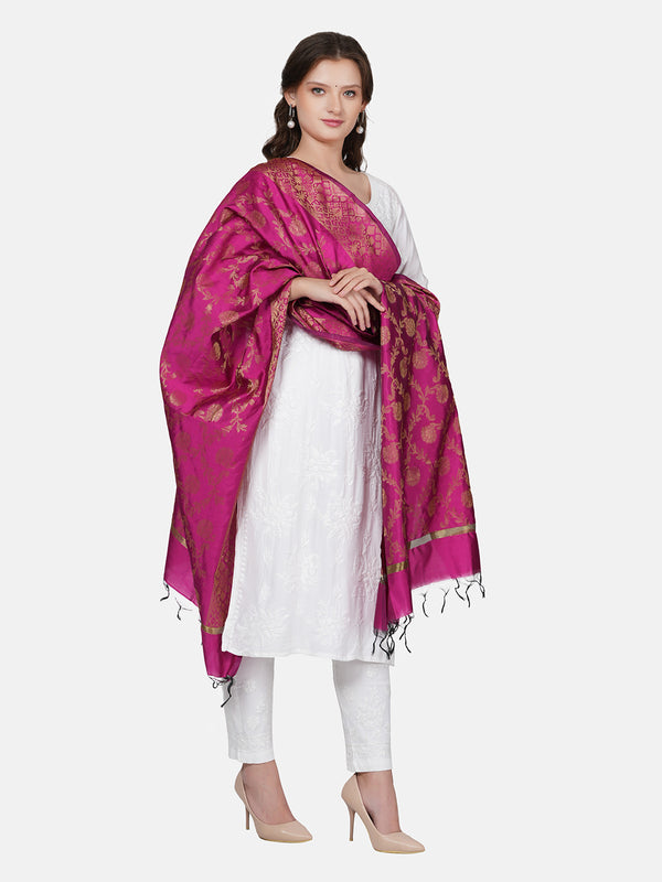 Rani Banarasi Silk Dupatta with All-Over Woven Floral Motifs & Rich Zari Border (Size: 2.5x1 m Approx)