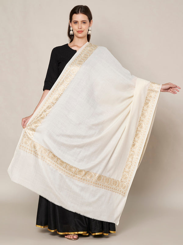 White Woolen Women Shawl with Gold Border – 80x40 Inches