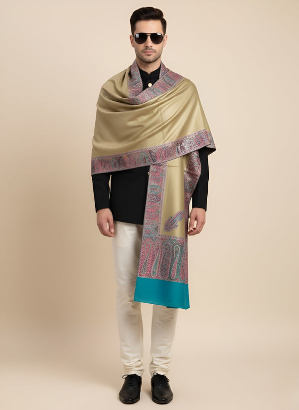 Bamboo Silk Gold Mens Shawl with Ornate Paisley Border | Classic Heritage Wrap (80 × 40 Inches)