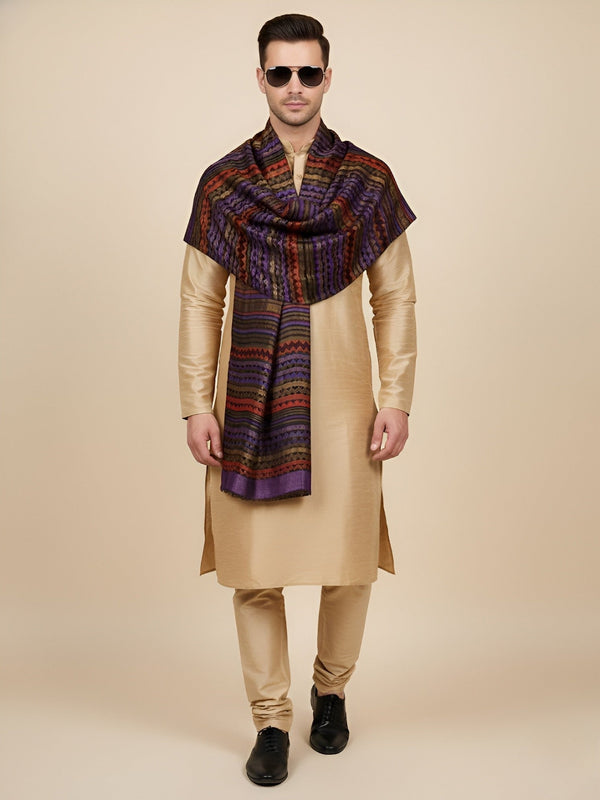 Woolen Zig-Zag Moonlight Zari Mens Stole | Heritage Wrap (80 x 28 Inches)