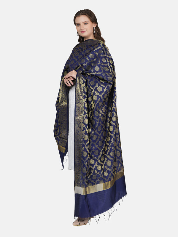 Dark Blue Banarasi Silk Dupatta with All-Over Woven Floral Motifs & Rich Zari Border (Size: 2.5x1 m Approx)