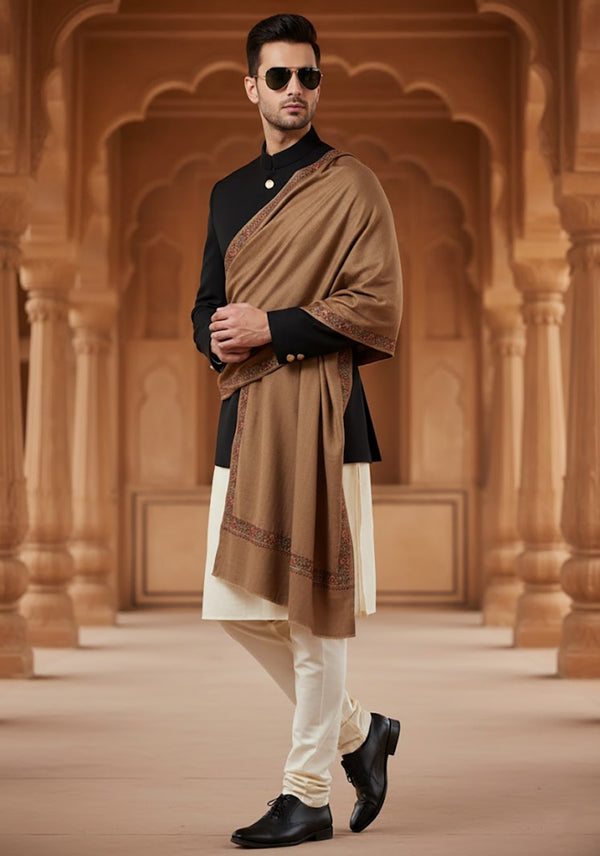 Brown Woolen Mens Shawl with Traditional Multicolour Embroidered Border (80 x 40 Inches)