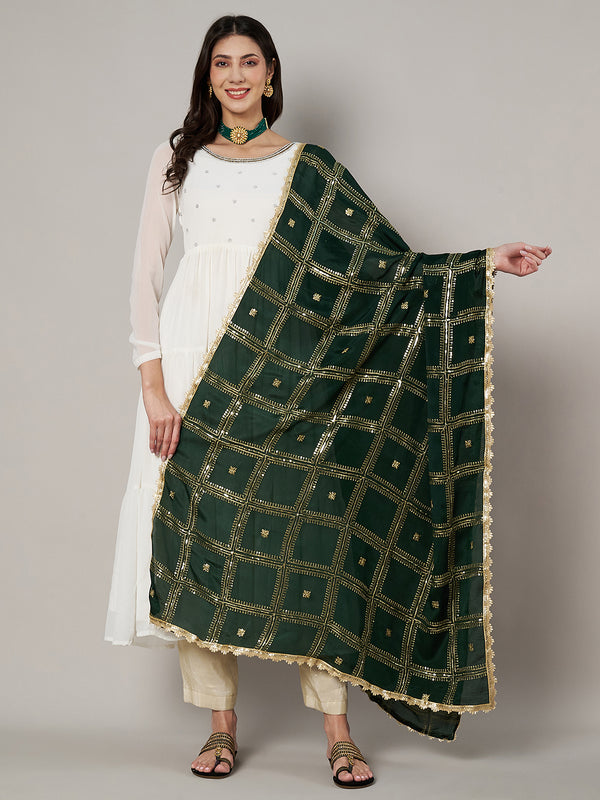Bottle Green Chinon Dupatta with Gold Grid Embellishment (Size: 2.5x1 m Approx)