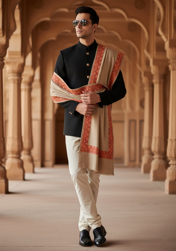 Brown Woolen Mens Shawl with Traditional Embroidered Border (80 x 40 Inches)