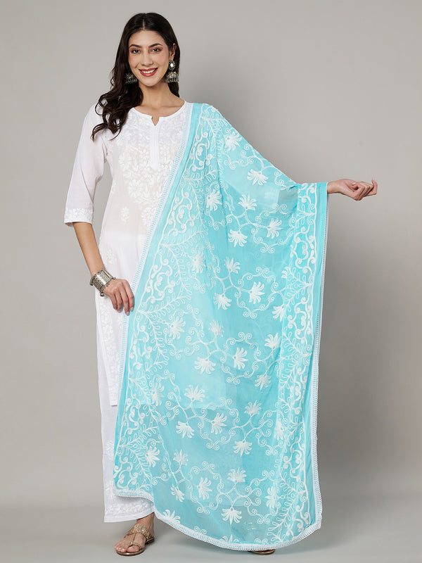 Sky Blue Karachi Chiffon Dupatta with Elegant Thread Embroidery (Size: 2.5x1 m Approx)