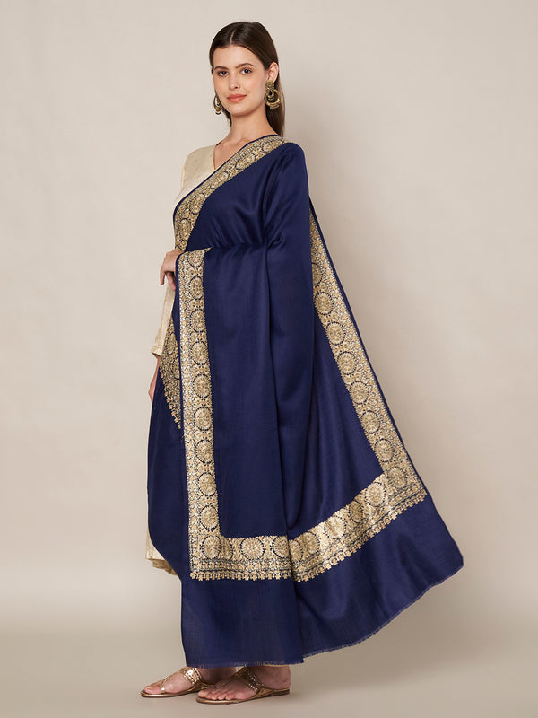 Navy Blue Woolen Women Shawl with Gold Border – 80x40 Inches