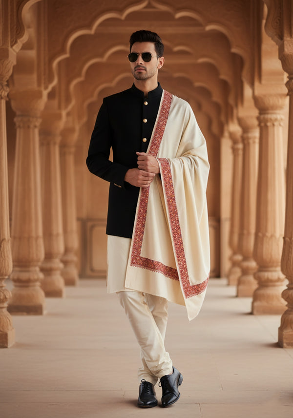 White Woolen Mens Shawl with Traditional Embroidered Border (80 x 40 Inches)