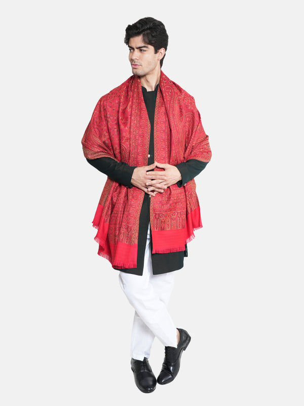 Red Jamawar Wool Blend Mens Shawl with Intricate Paisley Weave – 80×40 Inches